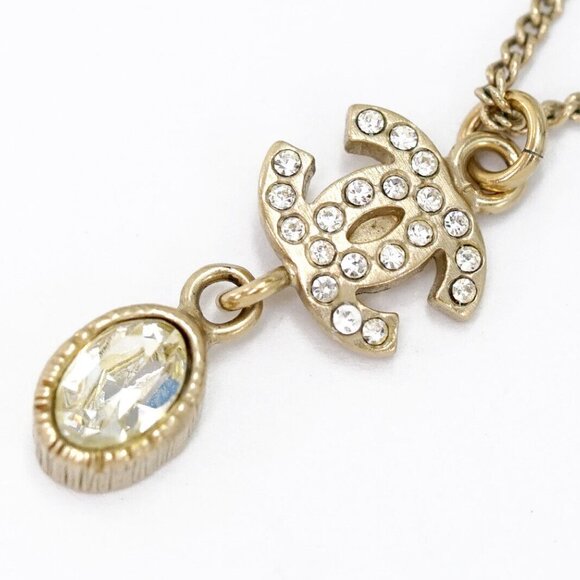 CHANEL CC Logo Rhinestone Drop Necklace 16" Gold Tone 09A Auth w/Box #22300 - Picture 5 of 7